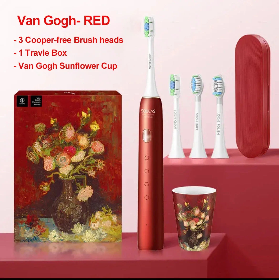  SOOCAS X3U Electric Toothbrush Van Gogh Red Package 3 Brush Heads